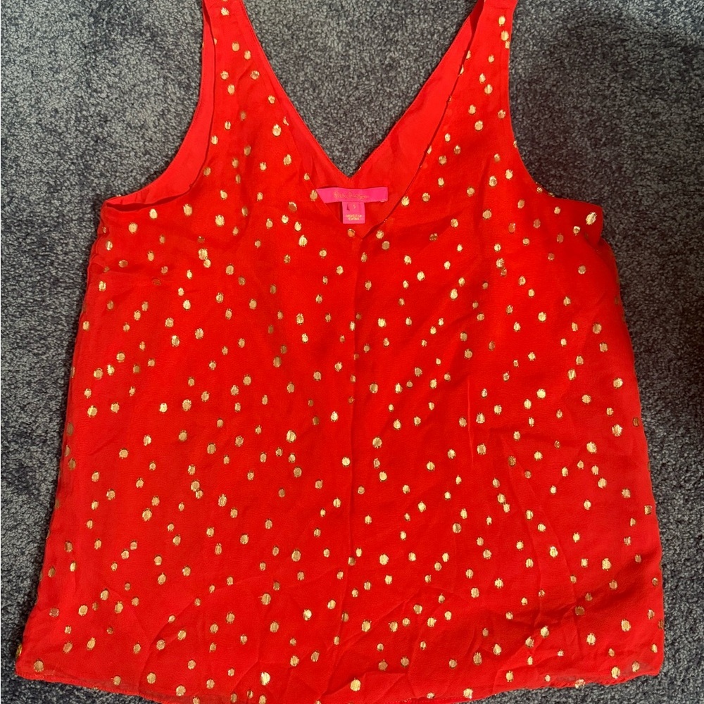 Lily Pulitzer Coral Red and Gold Polka Dot Women's Silk Top size small